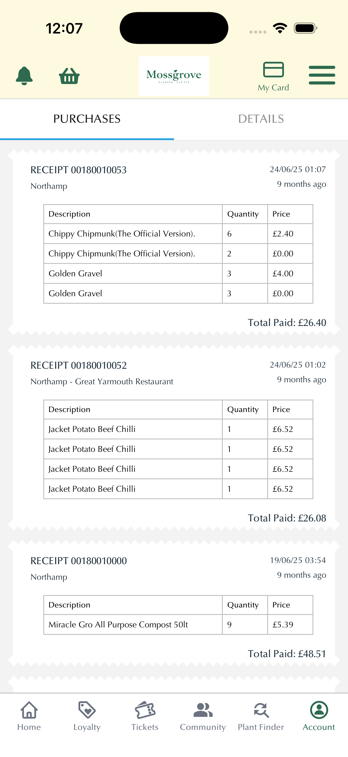 Purchase History screenshot